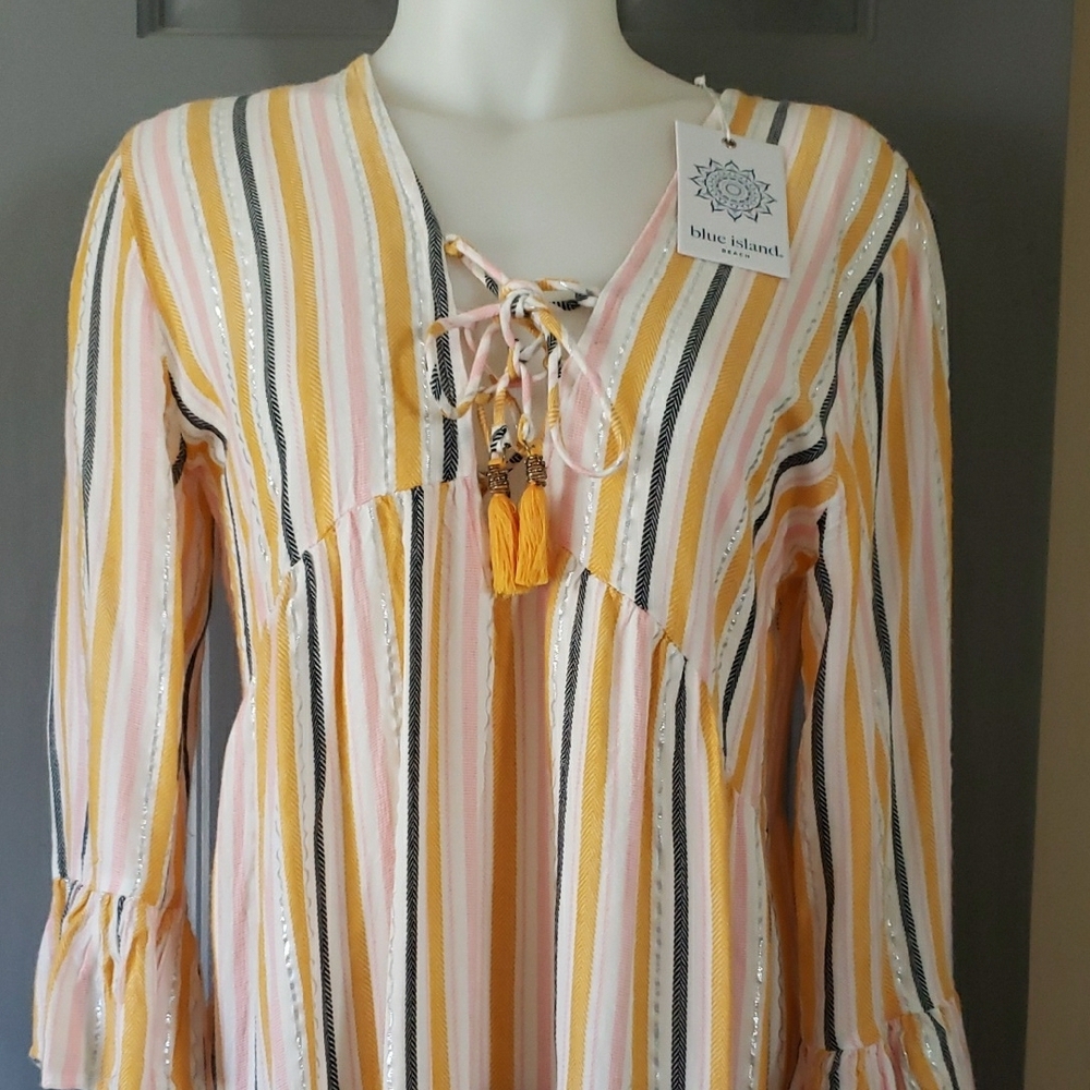 Blue Island Women's Striped Yellow and White Top Size Small